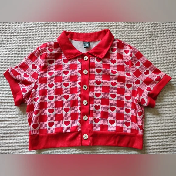 SHEIN Red and White Heart Checkered Crop Top - Picture 4 of 5